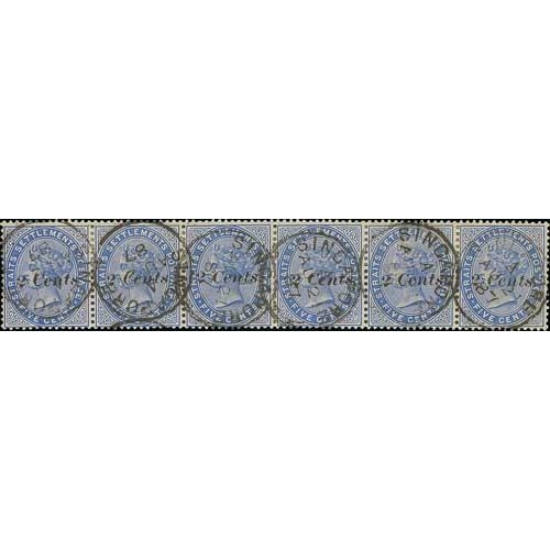 1117 - 1887 (July) 2c on 5c Blue, strip of six showing two complete settings of the triplet surcharge, used... 