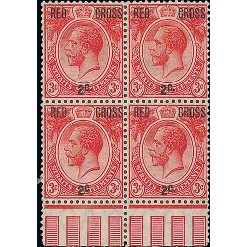 1917 Red Cross 3c + 2c marginal block of four and 4c + 2c pair, both ...