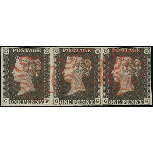 12 - 1840 1d Black, GF-GH plate 4 strip of three, GH just touched at base, otherwise fine with good margi... 