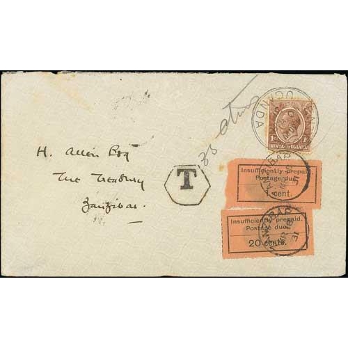 1969 - 1931 (Mar 10) Cover from Entebbe, Uganda, to H. Alley at The Treasury, Zanzibar, franked 1c, hexagon... 