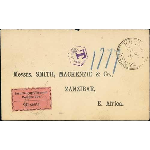 1970 - 1931 (Dec 27) Stampless cover from Kilindini, Kenya, with violet octagonal framed 