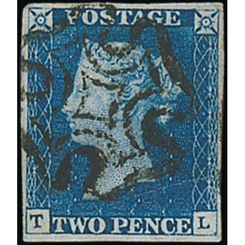 24 - 1840 2d Blue, TL plate 2, two used examples, the second a late state showing clear signs of corrosio... 