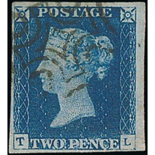 24 - 1840 2d Blue, TL plate 2, two used examples, the second a late state showing clear signs of corrosio... 