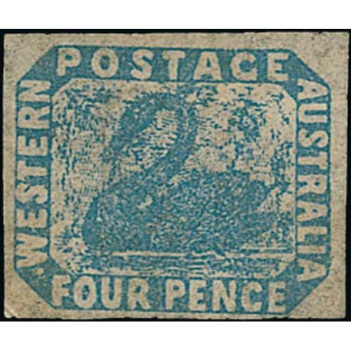 373 - Western Australia. 1854-55 Imperf 1d black used, 4d plate blue and 1/- pale brown both unused no gum... 