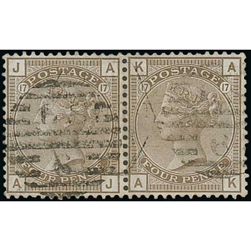 53 - 1880 4d Grey-brown, watermark Large Garter, AJ-AK pair fine used with Lombard Street late fee duplex... 