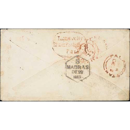 654 - Madras Circle. 1865 (Dec 2) Cover to England franked 4a + 2a + 8p each cancelled by triangular barre... 