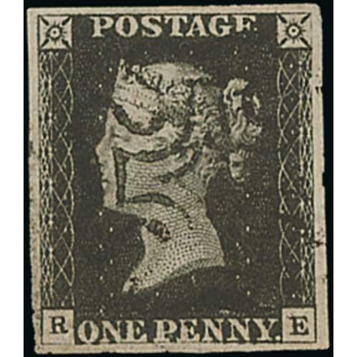 7 - 1840 1d Blacks comprising EF and RE plate 1b, EF plate 3, HC (corner crease) and OH plate 4, KC Plat... 