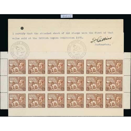 76 - 1925 British Empire Exhibition 1½d block of fifteen (rows 1-3, margins on three sides) affixed ... 