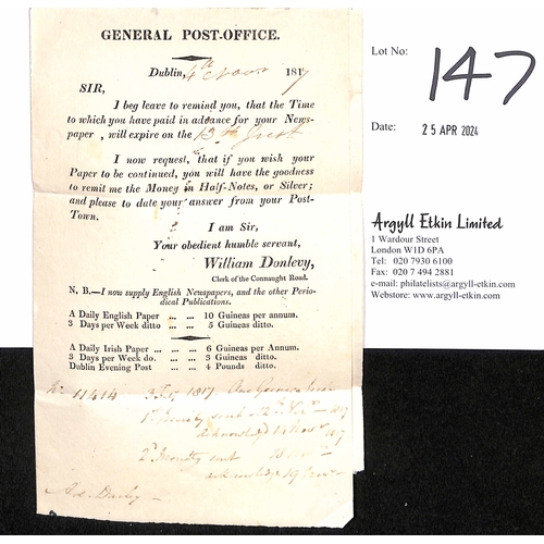 147 - Newspapers. 1817 (Nov 4) Entire letter to Roscrea franked by William Donlevy, Clerk of the Connaught... 