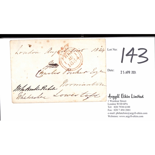 143 - 1834 (Aug 1) Envelope from London to Lowestoft with two differing franking signatures, red Free date... 