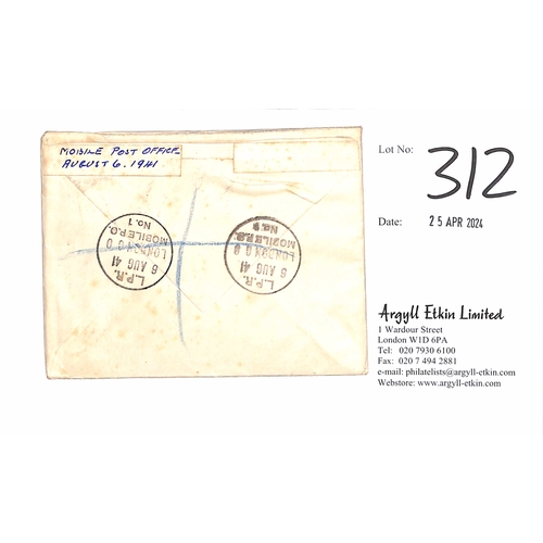 312 - G.B. 1941 (Aug 6) Registered cover franked ½d + 5d, each cancelled by the unusual 