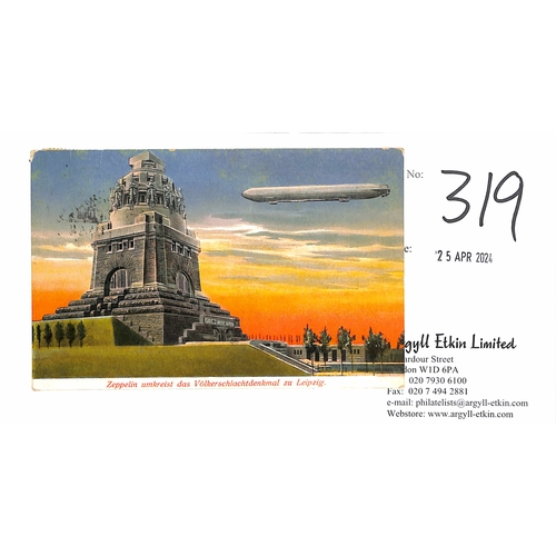 319 - Germany. 1913 (May 24) Picture postcard of the Zeppelin over the Leipzig Heroes Monument, written fr... 