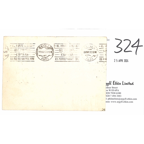 324 - Saar. 1930 (May 12) Postcard to Seville franked 7f10, with 1st South American flight cachets, carrie... 