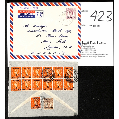 423 - Qatar. 1950 (July 13) Air Mail cover to G.B bearing British Postal Agency in Eastern Arabia ½a ... 