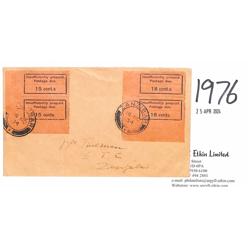 1976 - 1934 (Nov 16) Stampless cover to Mrs L.H Trueman, E.T.C, Zanzibar, bearing 15c and 18c orange vertic... 