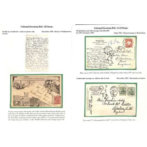 253 - 1855-1912 Underpaid covers and cards from abroad including picture postcards deemed liable to letter... 