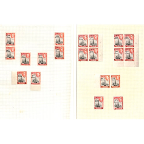 407 - 1940 Half Penny on 1d, study of the surcharge types with complete sheets (7) showing Ludington setti... 