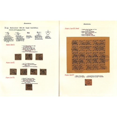 567 - Brunswick - Forgeries. 1852-65 Forgeries, the very well written up collection on ten pages. (179).