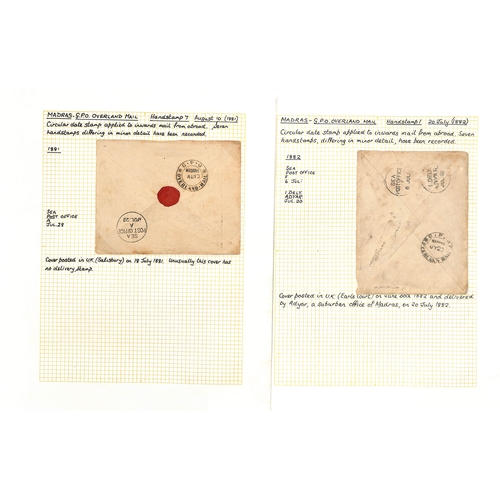 628 - Madras - Overland Mail. 1872-82 Covers from G.B to Madras franked 1/4, 1/- (3), 8d, 6d (2) or 5d (3)... 