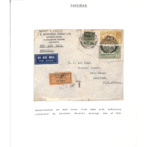 1974 - 1933 (Oct 14) Air Mail cover from Calcutta to Zanzibar franked ½a + Air 2a + 6a, marked as a do... 