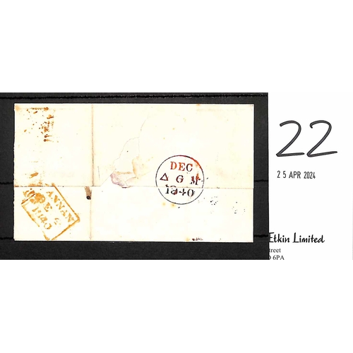 22 - 1840 (Dec 4) Entire (side flaps removed) from Annan to Edinburgh franked 1d black, PI plate 4 with g... 