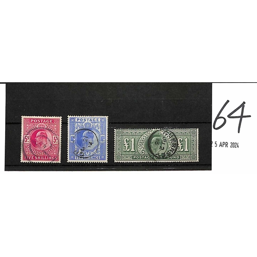 64 - 1911-13 KEVII 5/-, 10/- and £1 fine used, the 10/- and £1 with Guernsey datestamps. S.G. 3... 