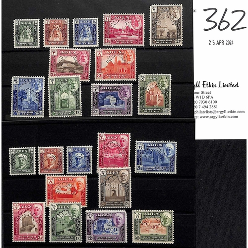 362 - Seiyun and Hadhramaut. 1942 ½a - 5r Sets of eleven for Seiyun and Shihr and Mukalla, all perfin... 