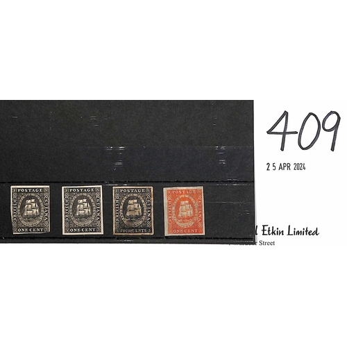 409 - 1853 Imperforate 1c (2, one cut into) and 4c (faults) plate proofs in black on thin card; and 1c red... 