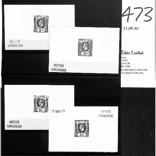 473 - 1912 KGV 1c, 3c, 5c and 6c Die Proofs in black on white glazed card all stamped 