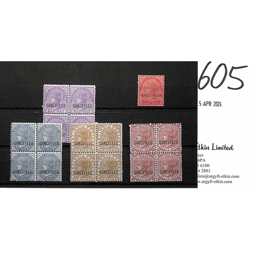 605 - 1874-76 9p, 6a, 12a and 1r Blocks of four all overprinted 