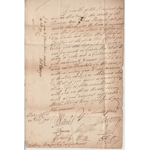 132 - 1694 (Oct 10) Entire letter from the Navy Office, sent during the co-regency of William and Mary (16... 