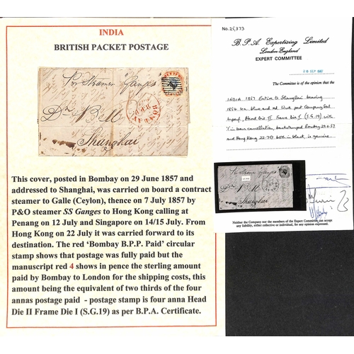 637 - Bombay G.P.O. 1857 (June 29) Entire letter to Shanghai bearing 1854 4a (S.G. 19, cut square, just to... 