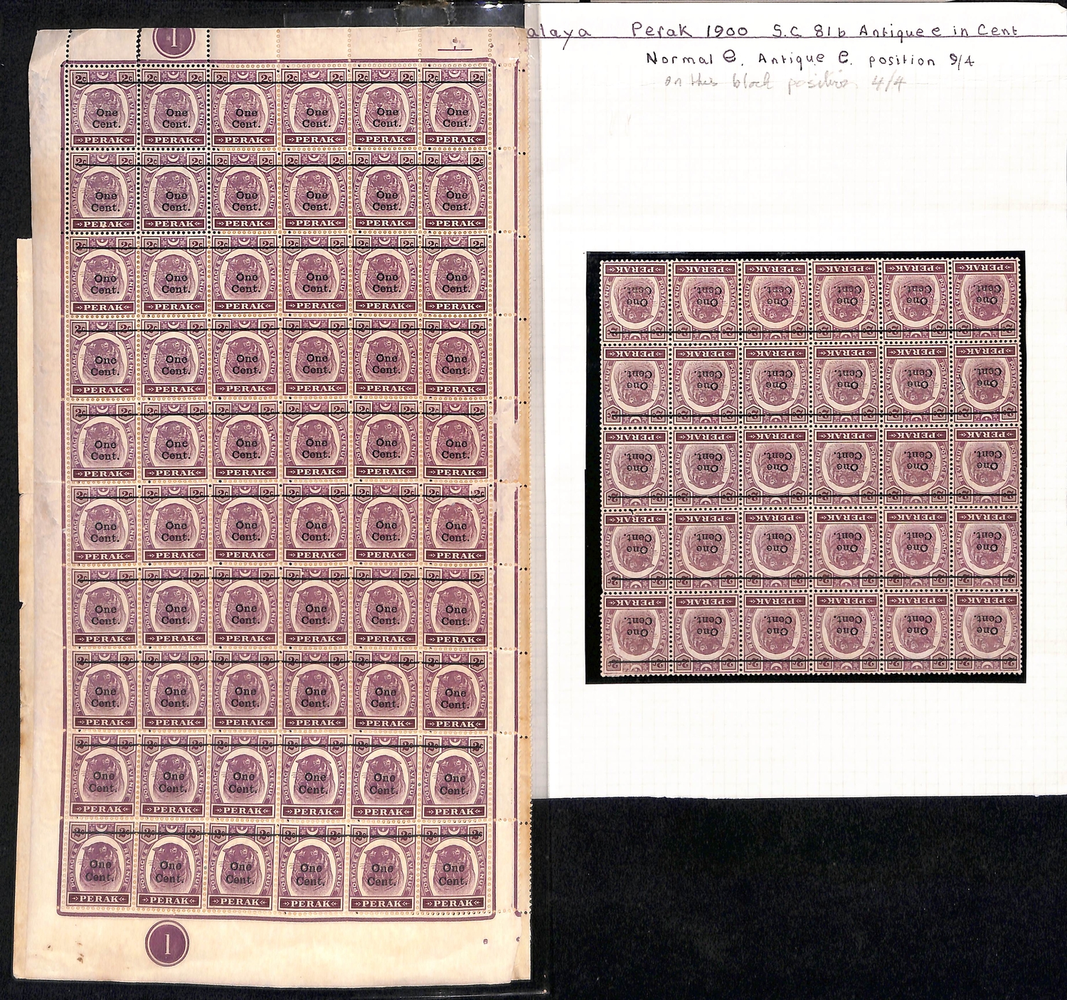 Perak. 1900 One Cent on 2c mint pane of sixty, blocks of thirty, twelve ...