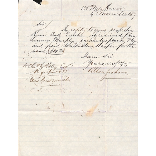 288 - 1867 (Nov 4) Stampless cover to C.E Pooley Esq., Registrar at New Westminster, headed 