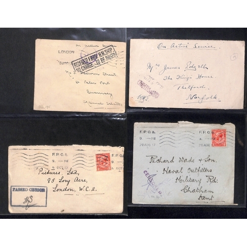 302 - G.B - Naval Mail. 1914-18 Covers and cards, various naval censor cachets and postmarks including nam... 