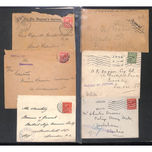 302 - G.B - Naval Mail. 1914-18 Covers and cards, various naval censor cachets and postmarks including nam... 