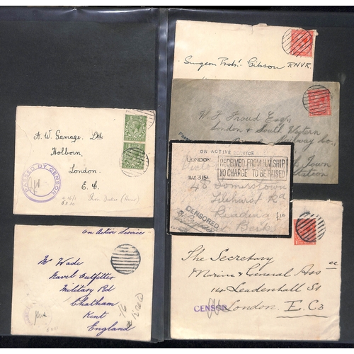 302 - G.B - Naval Mail. 1914-18 Covers and cards, various naval censor cachets and postmarks including nam... 