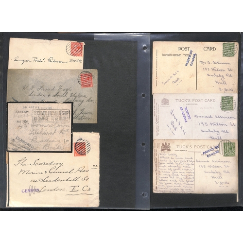 302 - G.B - Naval Mail. 1914-18 Covers and cards, various naval censor cachets and postmarks including nam... 