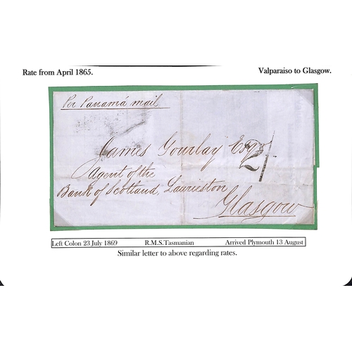 254 - Chile. 1869-78 Stampless entire letters (2) and entires (3, one with side portions removed) all from... 