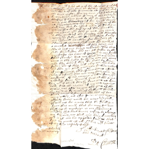 119 - 1644 (Oct 5) Civil War Period entire letter from Sir Patrick Curwen at Workington Hall, Cumberland, ... 