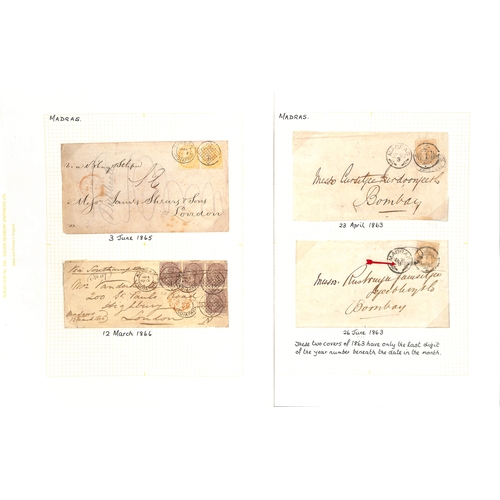 629 - Madras. 1863-73 Covers comprising 1865-66 covers to London franked 2a yellow pair or four 1a stamps ... 