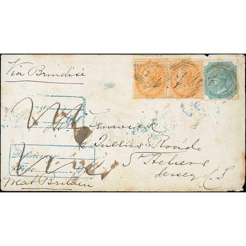 1081 - 1872 (May 6) Cover from Thayetmyo to Jersey, Channel Islands, via Brindisi, with 2a pair + 4a paying... 