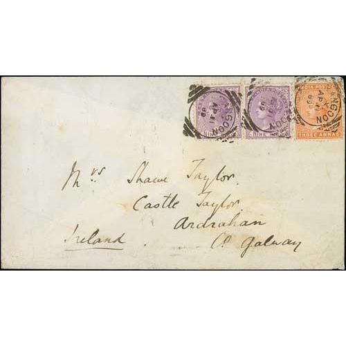 1084 - 1889 Cover to Ireland, 4½a postage paid by 9p mauve (2) + 3a orange each cancelled by Rangoon S... 