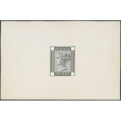 109 - 1d Die Proof in black on white glazed card, stamped 