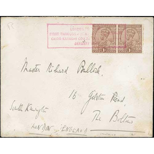 1093 - 1927 (Jan 14) London to Delhi Air Ministers flight, cover with an embossed crown on the flap, addres... 