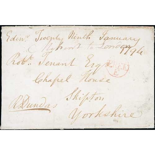 191 - 1794 (Jan 29) Entire from Robert Dundas in Edinburgh to Skipton, with 20mm circular framed 