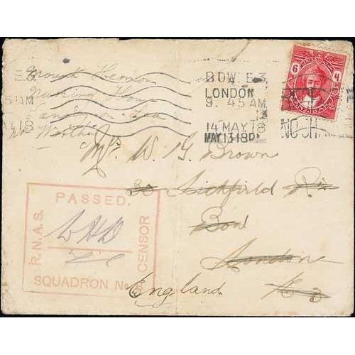 1953 - World War One - Royal Naval Air Service. 1918 Cover to London with Zanzibar 6c tied by London Receiv... 