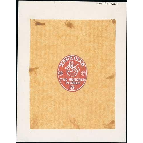 1958 - Revenues. 1922 Handpainted essay for an embossed 200 rupee revenue stamp, in red and Chinese white o... 