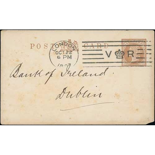 278 - 1897 (Oct 22) ½d Postcard to Dublin, cancelled by London Bickerdike machine, second trial with ... 