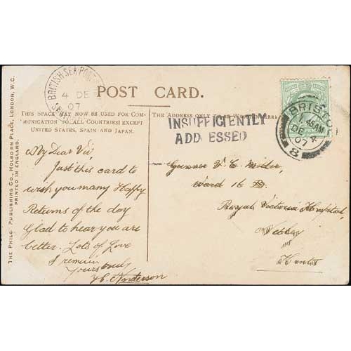 284 - 1907 (Dec 4) Picture postcard from Bristol to Hampshire franked ½d, with 